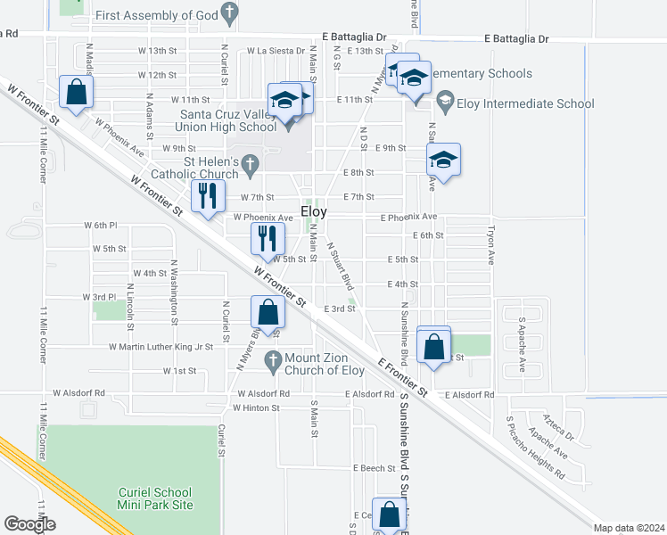 map of restaurants, bars, coffee shops, grocery stores, and more near 118 East 5th Street in Eloy
