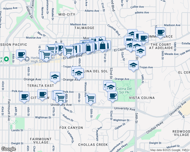 map of restaurants, bars, coffee shops, grocery stores, and more near in San Diego