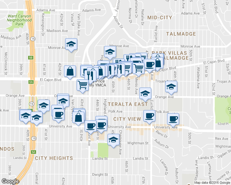 map of restaurants, bars, coffee shops, grocery stores, and more near 4233 45th Street in San Diego
