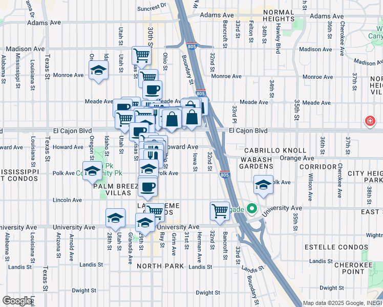 map of restaurants, bars, coffee shops, grocery stores, and more near 4195 Illinois Street in San Diego