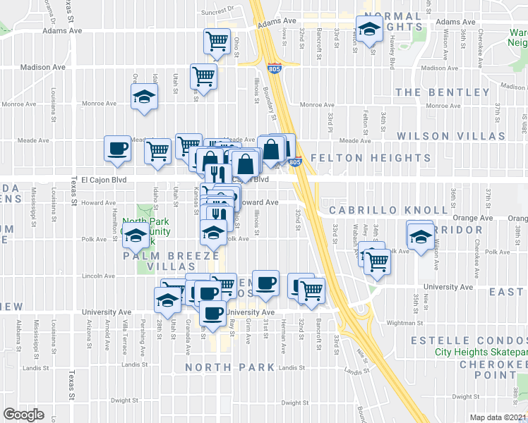 map of restaurants, bars, coffee shops, grocery stores, and more near 4195 Illinois Street in San Diego