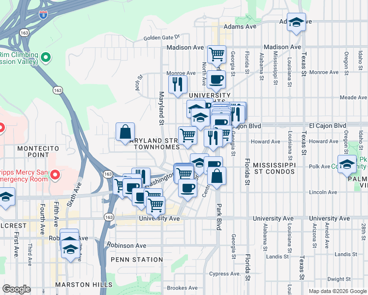 map of restaurants, bars, coffee shops, grocery stores, and more near 4214 Cleveland Avenue in San Diego