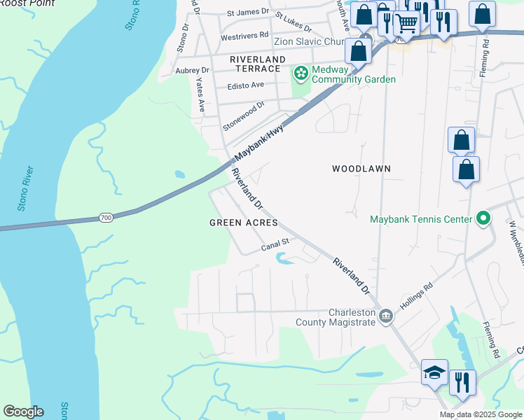 map of restaurants, bars, coffee shops, grocery stores, and more near 445 Riverland Drive in Charleston