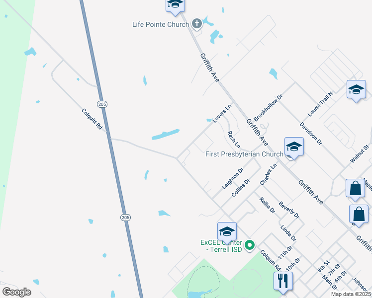 map of restaurants, bars, coffee shops, grocery stores, and more near 103 Lovers Lane in Terrell