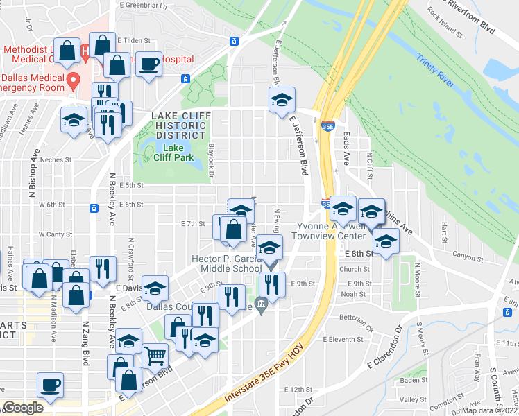 map of restaurants, bars, coffee shops, grocery stores, and more near 625 East 6th Street in Dallas