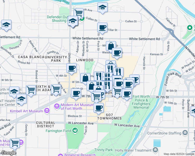 map of restaurants, bars, coffee shops, grocery stores, and more near 2720 Merrimac Street in Fort Worth