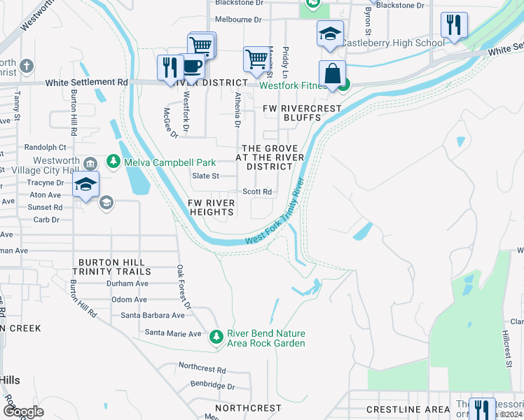 map of restaurants, bars, coffee shops, grocery stores, and more near 4851 Scott Road in Fort Worth