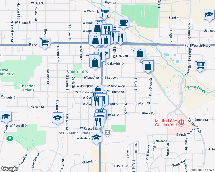 map of restaurants, bars, coffee shops, grocery stores, and more near 407 South Main Street in Weatherford