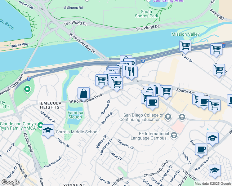 map of restaurants, bars, coffee shops, grocery stores, and more near 4019 West Point Loma Boulevard in San Diego