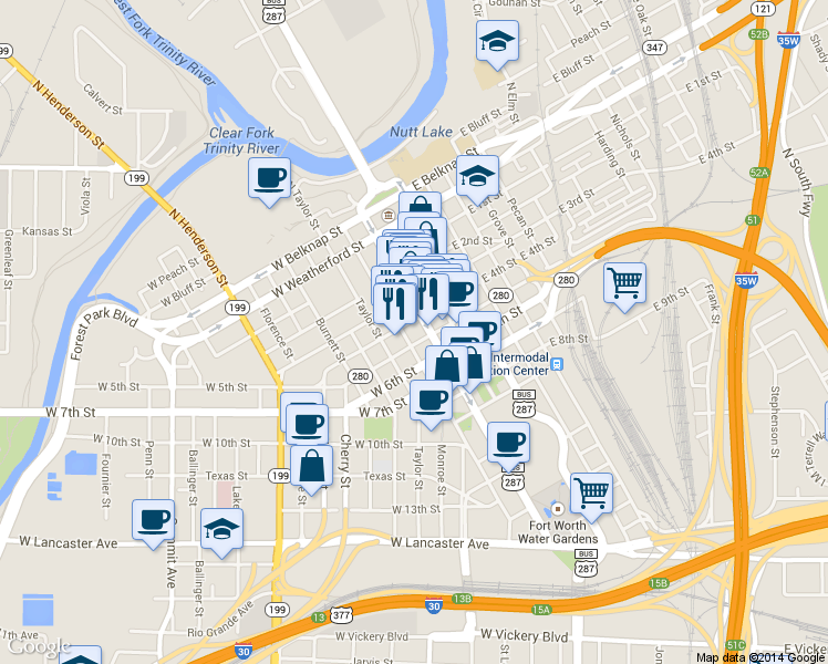map of restaurants, bars, coffee shops, grocery stores, and more near 501 Throckmorton Street in Fort Worth