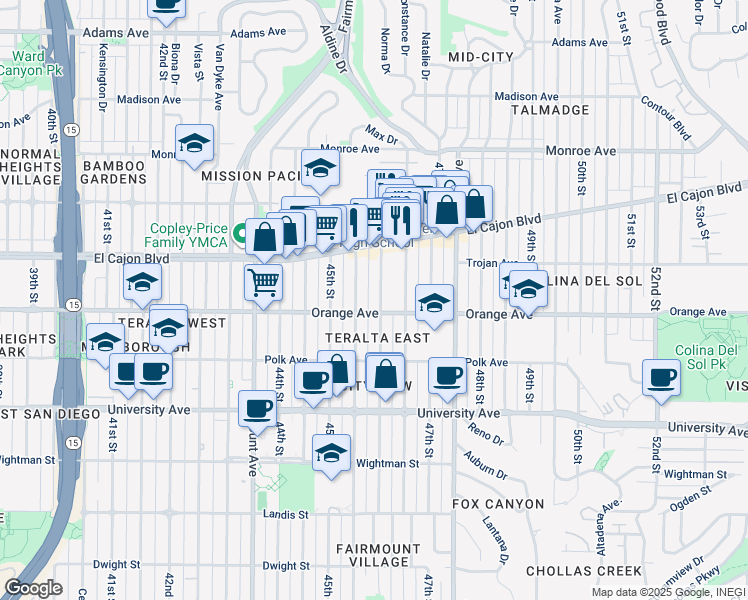 map of restaurants, bars, coffee shops, grocery stores, and more near 4232 46th Street in San Diego