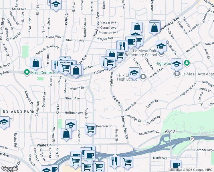 map of restaurants, bars, coffee shops, grocery stores, and more near 7263 Blackton Drive in La Mesa