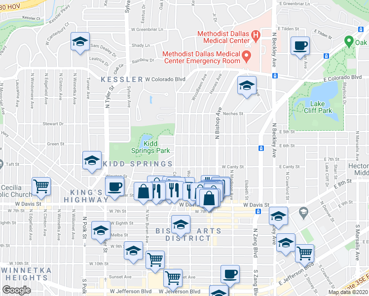 map of restaurants, bars, coffee shops, grocery stores, and more near 837 Woodlawn Avenue in Dallas