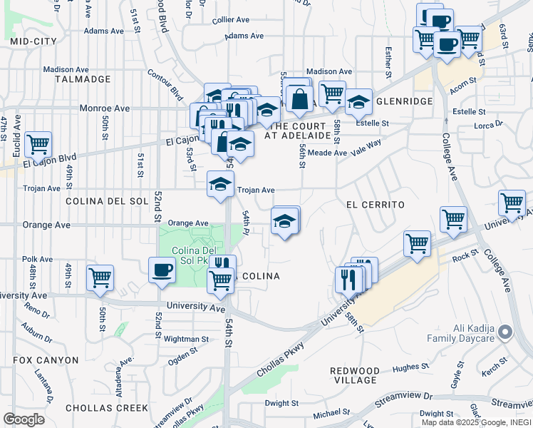 map of restaurants, bars, coffee shops, grocery stores, and more near 5423 Vale Way in San Diego