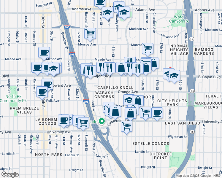 map of restaurants, bars, coffee shops, grocery stores, and more near 4228 34th Street in San Diego