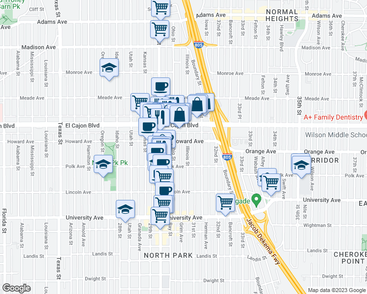 map of restaurants, bars, coffee shops, grocery stores, and more near 4195 Illinois Street in San Diego