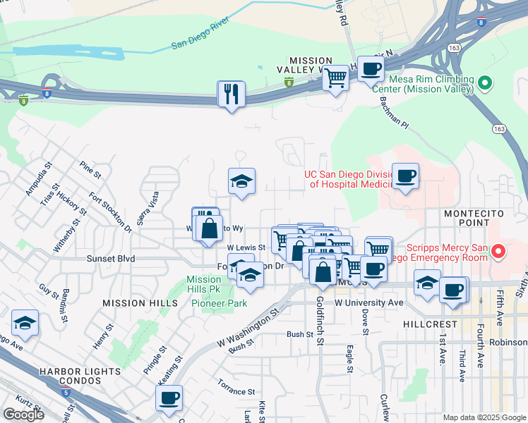 map of restaurants, bars, coffee shops, grocery stores, and more near 1225 West Arbor Drive in San Diego