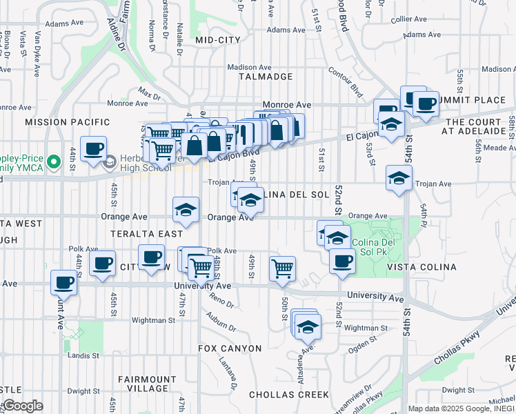 map of restaurants, bars, coffee shops, grocery stores, and more near 4253 49th Street in San Diego