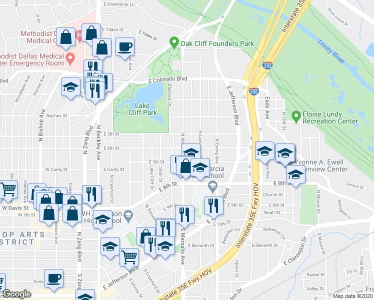 map of restaurants, bars, coffee shops, grocery stores, and more near 422 North Marsalis Avenue in Dallas