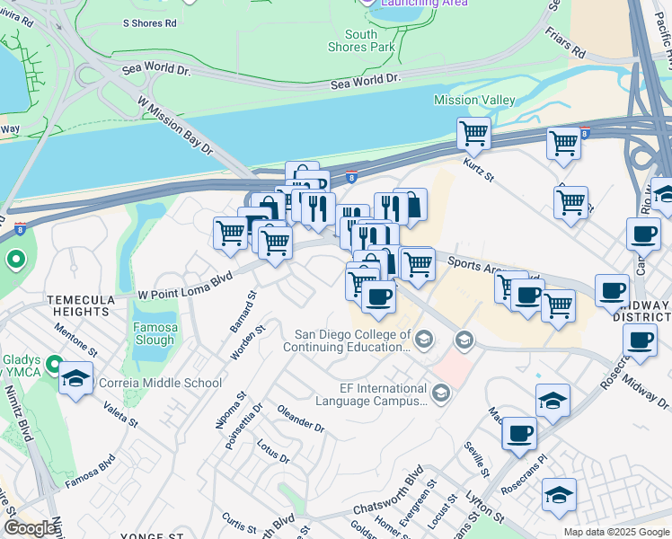 map of restaurants, bars, coffee shops, grocery stores, and more near 3833 Midway Drive in San Diego
