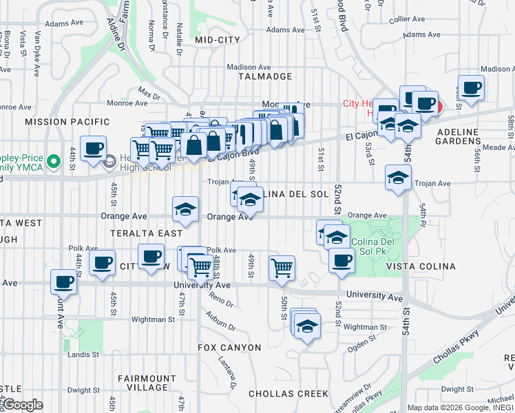 map of restaurants, bars, coffee shops, grocery stores, and more near 4227 49th Street in San Diego