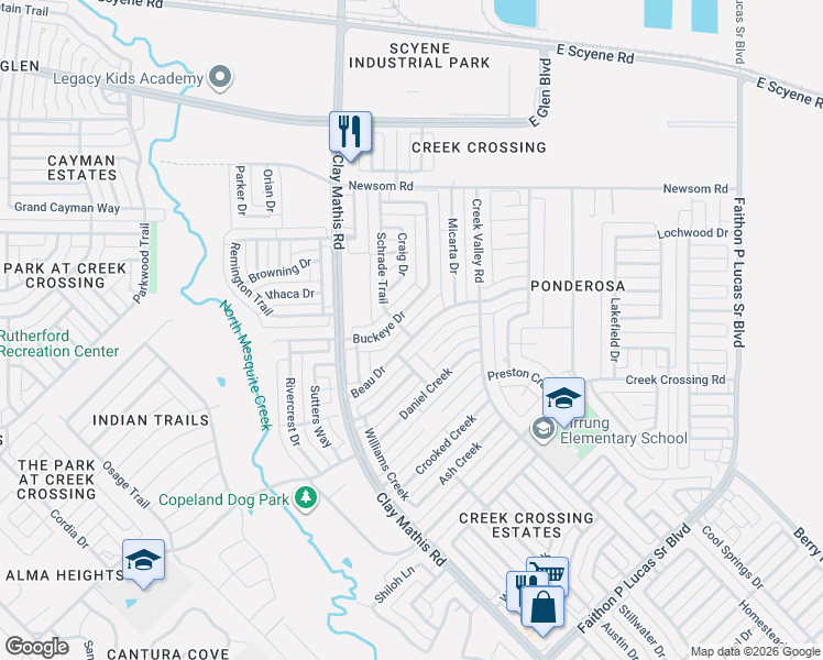 map of restaurants, bars, coffee shops, grocery stores, and more near 1117 Buckeye Drive in Mesquite