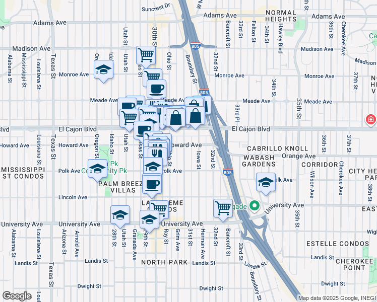 map of restaurants, bars, coffee shops, grocery stores, and more near 4195 Illinois Street in San Diego