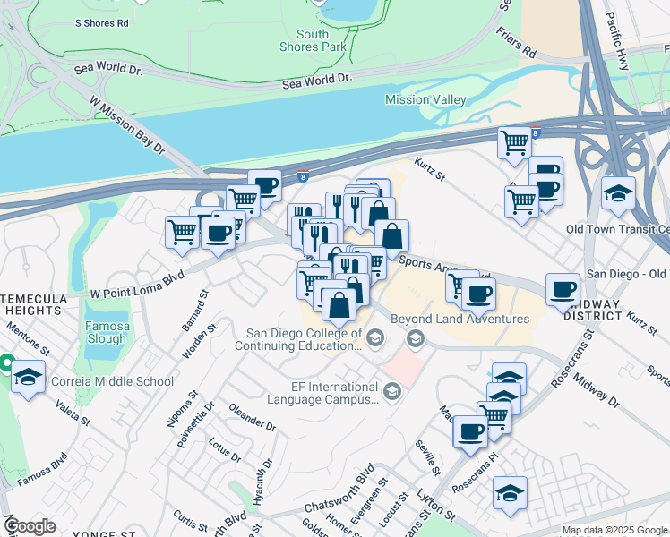 map of restaurants, bars, coffee shops, grocery stores, and more near 3742 Midway Drive in San Diego