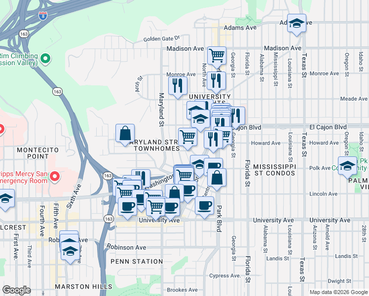 map of restaurants, bars, coffee shops, grocery stores, and more near 1520 Tyler Avenue in San Diego