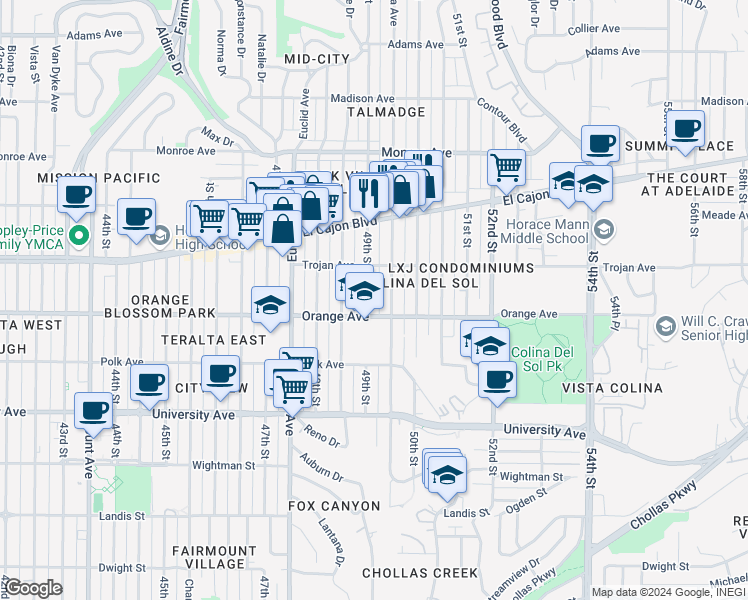 map of restaurants, bars, coffee shops, grocery stores, and more near 4227 49th Street in San Diego