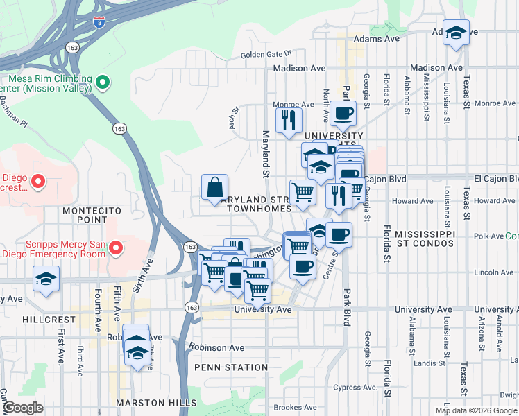 map of restaurants, bars, coffee shops, grocery stores, and more near 4212 Maryland Street in San Diego