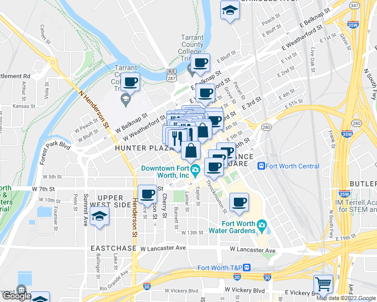 map of restaurants, bars, coffee shops, grocery stores, and more near 550 Throckmorton Street in Fort Worth