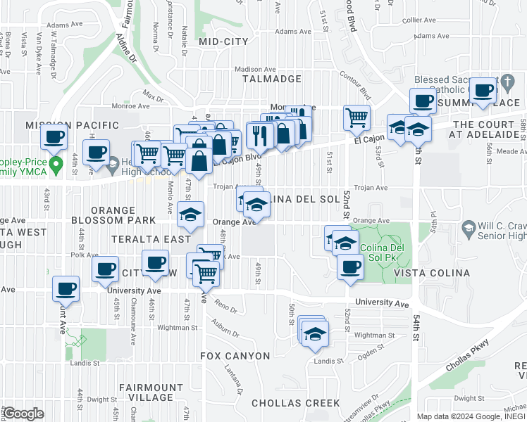 map of restaurants, bars, coffee shops, grocery stores, and more near 4227 49th Street in San Diego