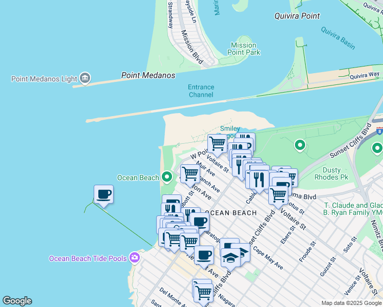 map of restaurants, bars, coffee shops, grocery stores, and more near 5168 West Point Loma Boulevard in San Diego