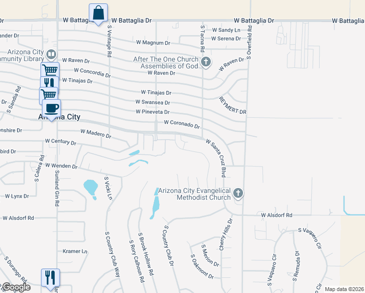 map of restaurants, bars, coffee shops, grocery stores, and more near 8585 West Santa Cruz Boulevard in Arizona City