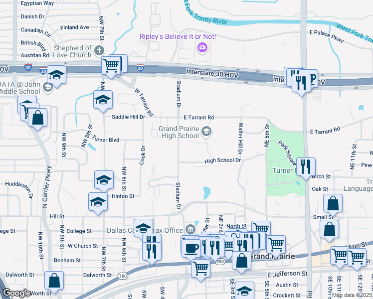 map of restaurants, bars, coffee shops, grocery stores, and more near 102 High School Drive in Grand Prairie