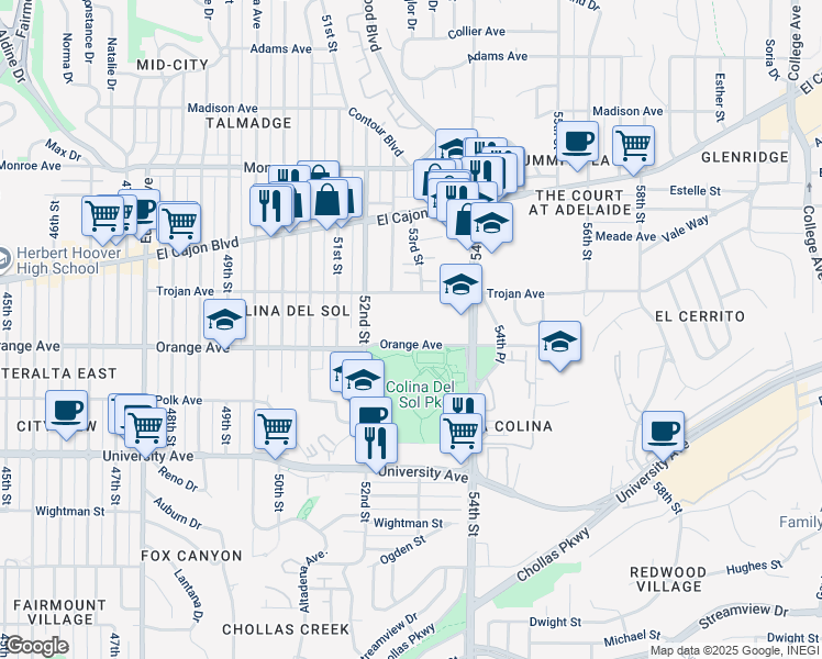 map of restaurants, bars, coffee shops, grocery stores, and more near 5252 Orange Avenue in San Diego