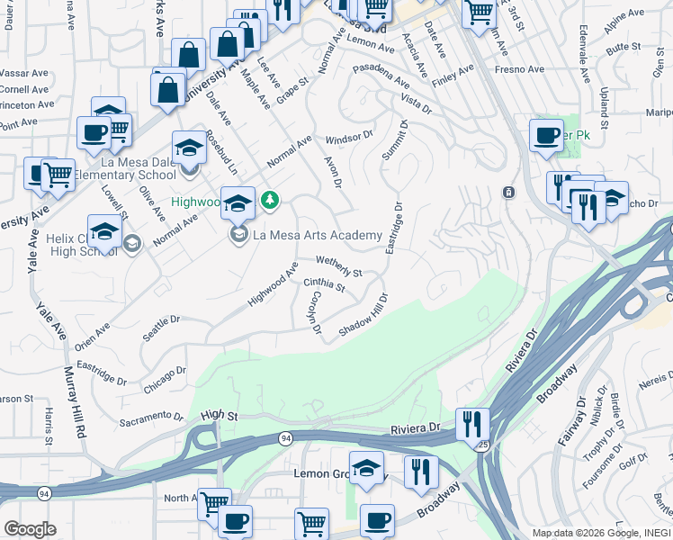 map of restaurants, bars, coffee shops, grocery stores, and more near 7977 Wetherly Street in La Mesa