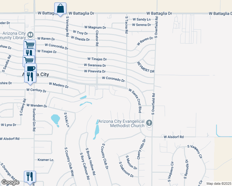 map of restaurants, bars, coffee shops, grocery stores, and more near 8585 West Santa Cruz Boulevard in Arizona City