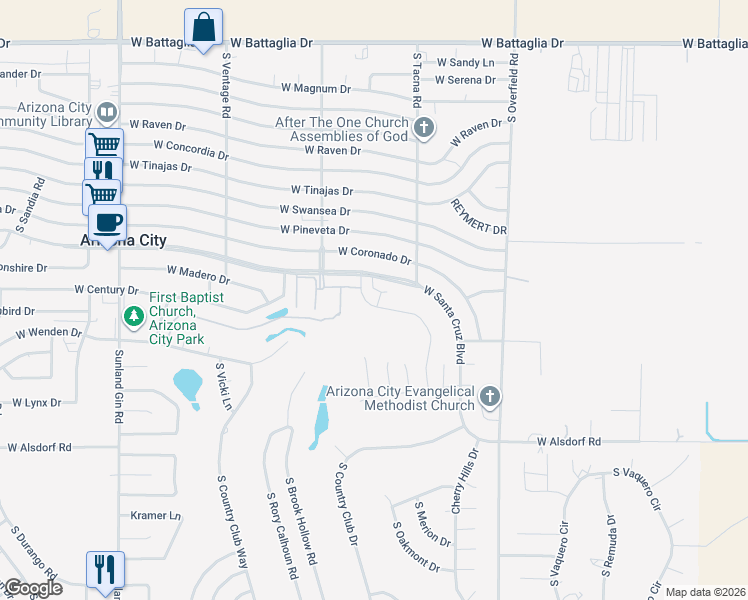 map of restaurants, bars, coffee shops, grocery stores, and more near 8585 West Santa Cruz Boulevard in Arizona City
