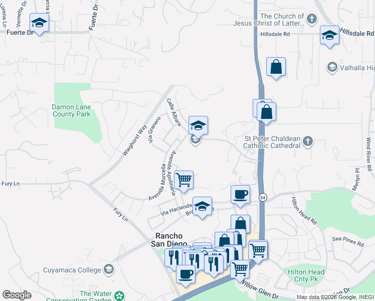 map of restaurants, bars, coffee shops, grocery stores, and more near 12151 Calle Albara in El Cajon