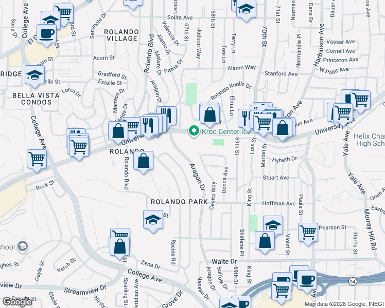 map of restaurants, bars, coffee shops, grocery stores, and more near 4132 Casita Way in San Diego