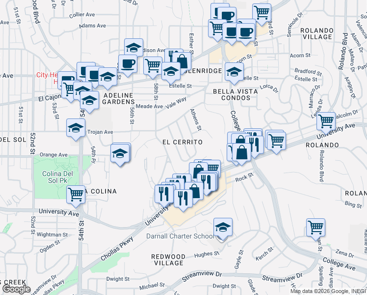 map of restaurants, bars, coffee shops, grocery stores, and more near 4254 Corinth Street in San Diego