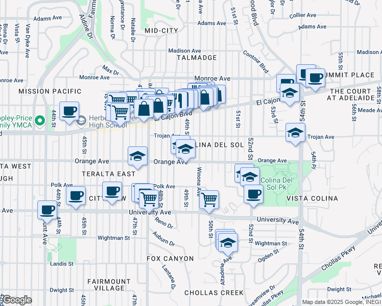 map of restaurants, bars, coffee shops, grocery stores, and more near 4253 49th Street in San Diego