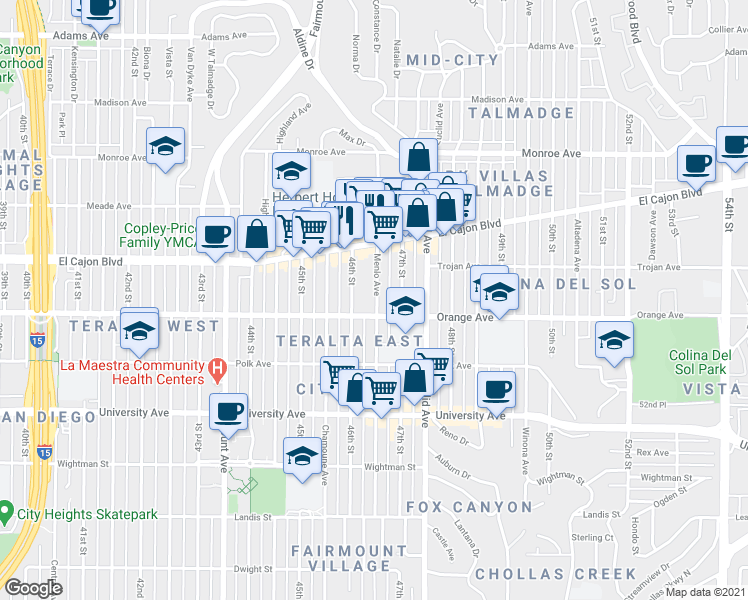 map of restaurants, bars, coffee shops, grocery stores, and more near 4240 Menlo Avenue in San Diego