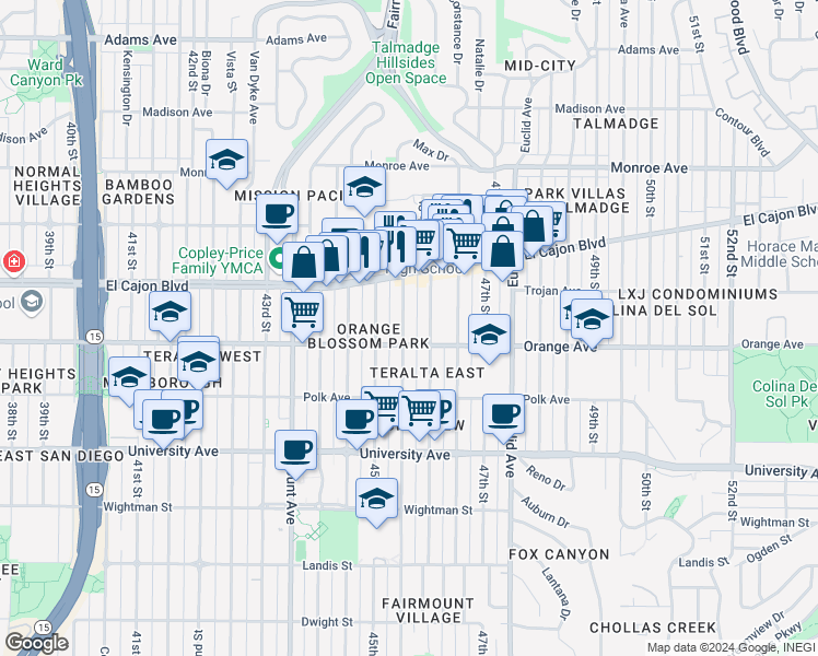 map of restaurants, bars, coffee shops, grocery stores, and more near 4232 46th Street in San Diego