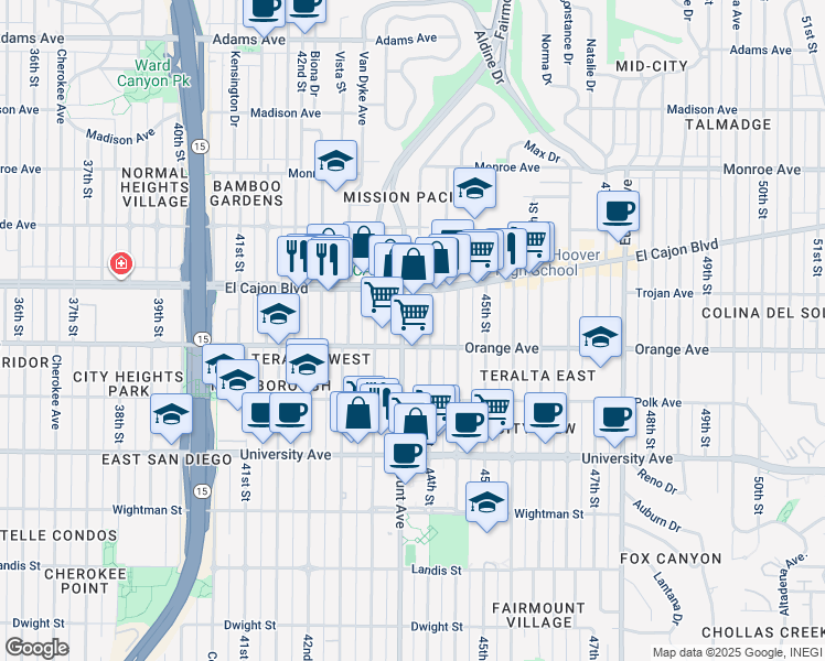 map of restaurants, bars, coffee shops, grocery stores, and more near 4241 Fairmount Avenue in San Diego