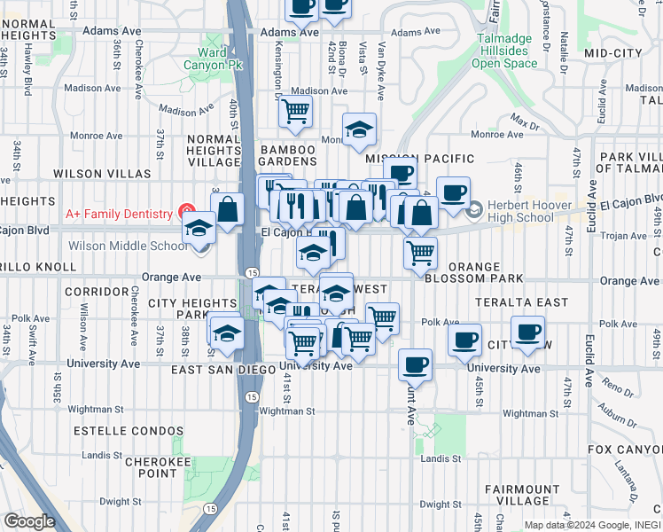 map of restaurants, bars, coffee shops, grocery stores, and more near 4204 Orange Avenue in San Diego