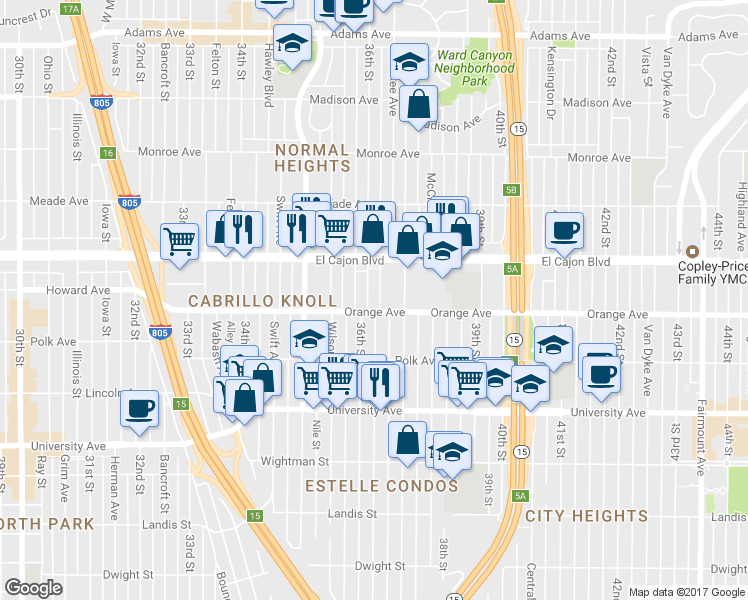 map of restaurants, bars, coffee shops, grocery stores, and more near 4235 36th Street in San Diego