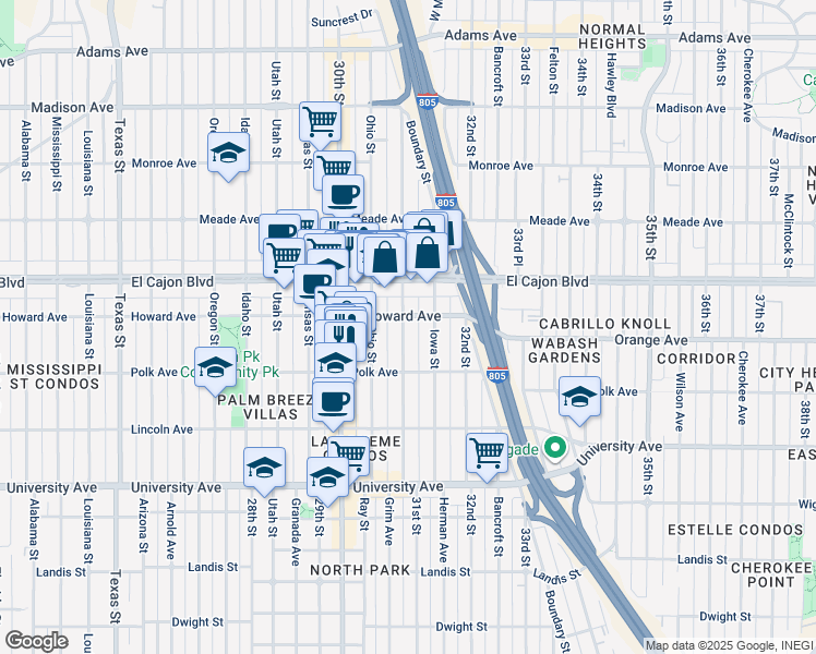 map of restaurants, bars, coffee shops, grocery stores, and more near 4195 Illinois Street in San Diego